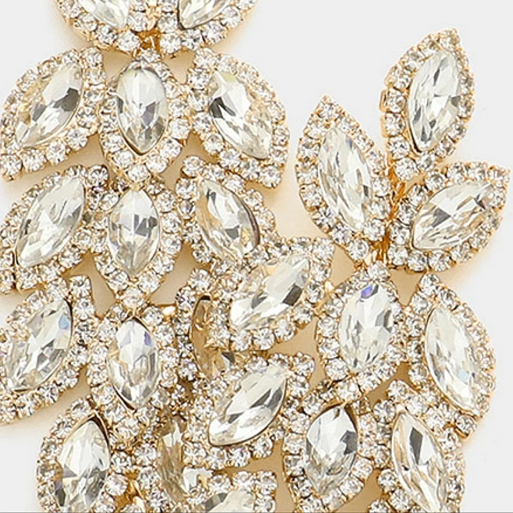 Gold Marquise Crystal Leaf Drop Dangle Earrings 3.25